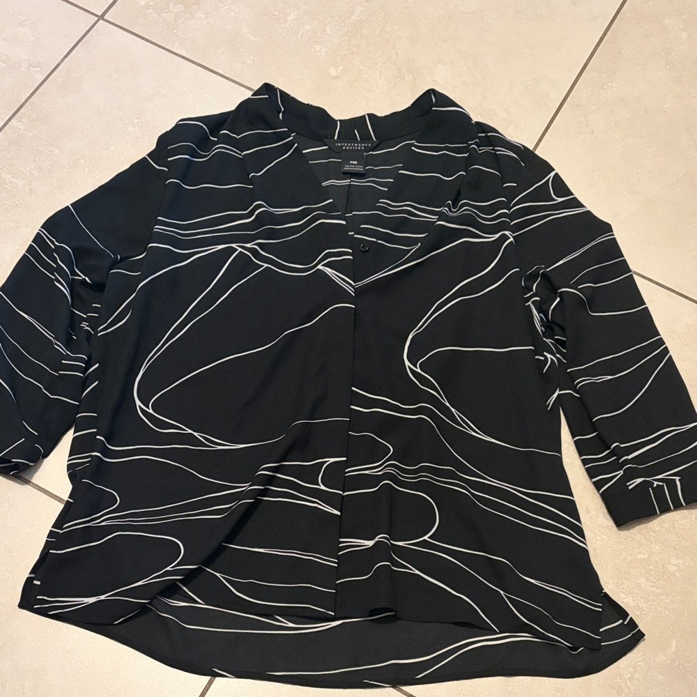 Investments Black Blouse with White Line Pattern